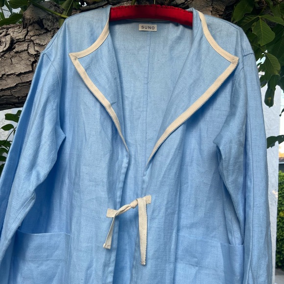 SUNO Blue Linen Cropped Duster Jacket | Open Front | One Size | Patch Pockets - Picture 5 of 11